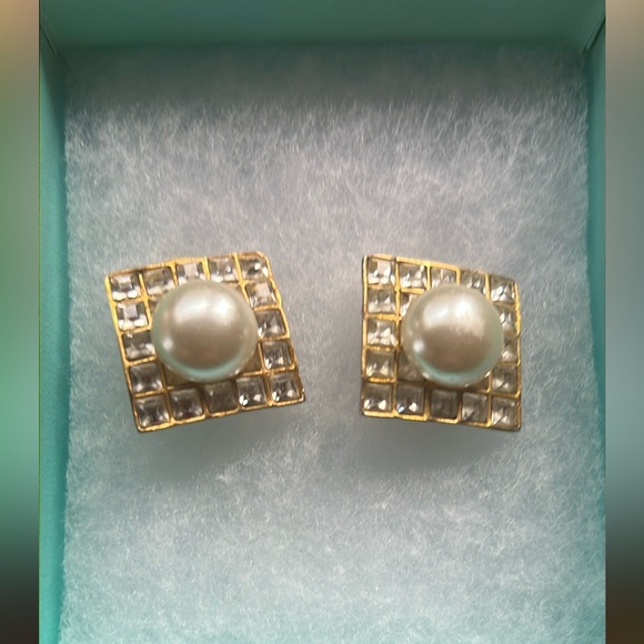 Rare Vintage Yves Saint Laurent YSL Diamond & Pearl Earrings (1970's) - Picture 1 of 5